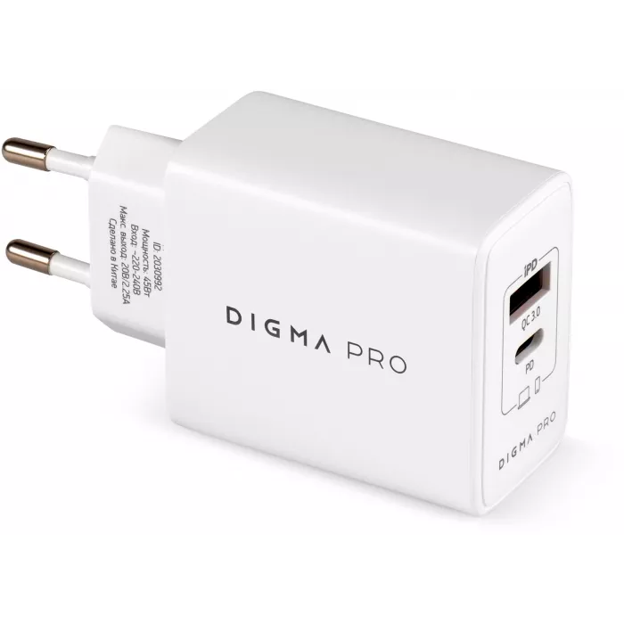 Сетевое зар./устр. Digma Pro DPW4A 45W 3A (PD+QC) USB-C/USB-A универсальное белый (DPW4A5GX11WH)