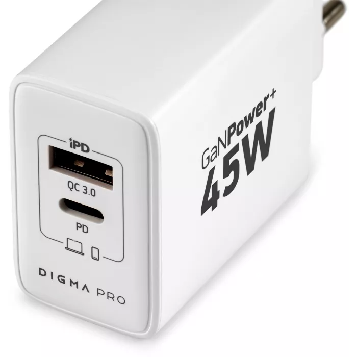 Сетевое зар./устр. Digma Pro DPW4A 45W 3A (PD+QC) USB-C/USB-A универсальное белый (DPW4A5GX11WH)