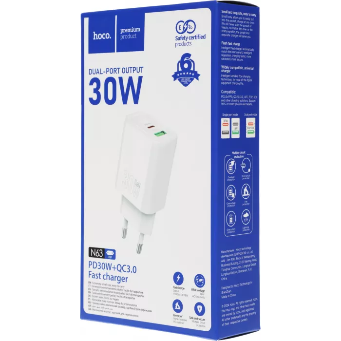 Сетевое зар./устр. Hoco N63 Gentle 30W 3A (PD+QC) USB Type-C универсальное белый
