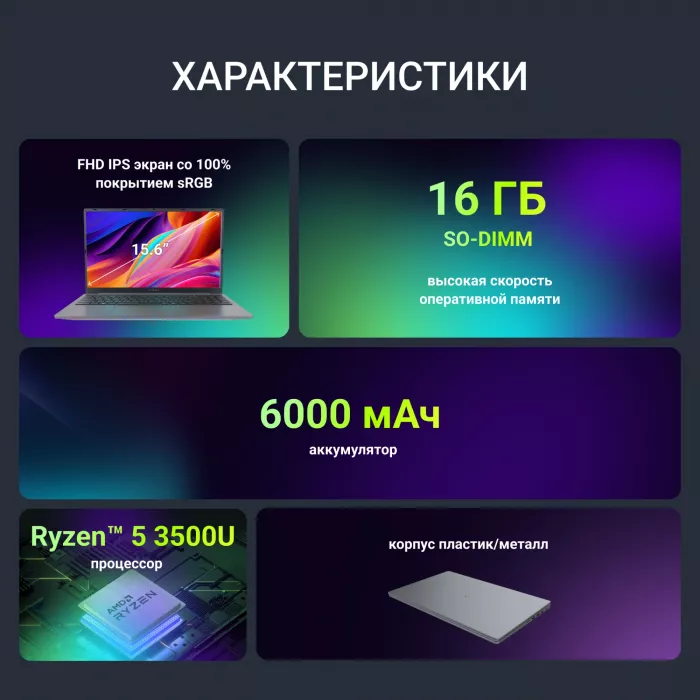 Ноутбук Digma Nova Ryzen 5 3500U 16Gb SSD512Gb AMD Radeon Vega 8 15.6" IPS FHD (1920x1080) Windows 11 Pro grey WiFi BT Cam 6000mAh (DN15R5-ADXW13)