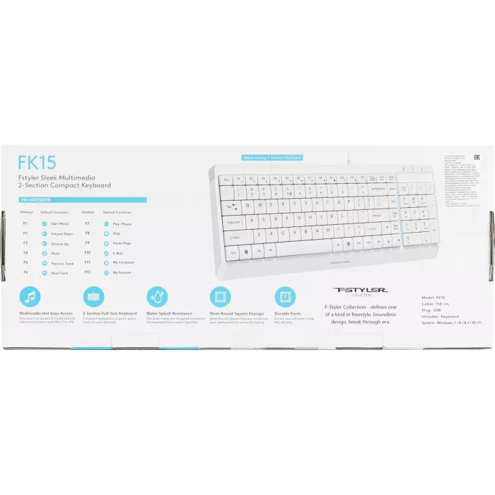 Клавиатура A4Tech FK15 белый USB (FK15 WHITE) кабель 1.5м