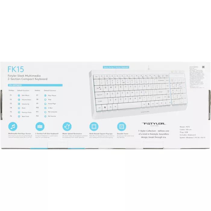 Клавиатура A4Tech FK15 белый USB (FK15 WHITE) кабель 1.5м