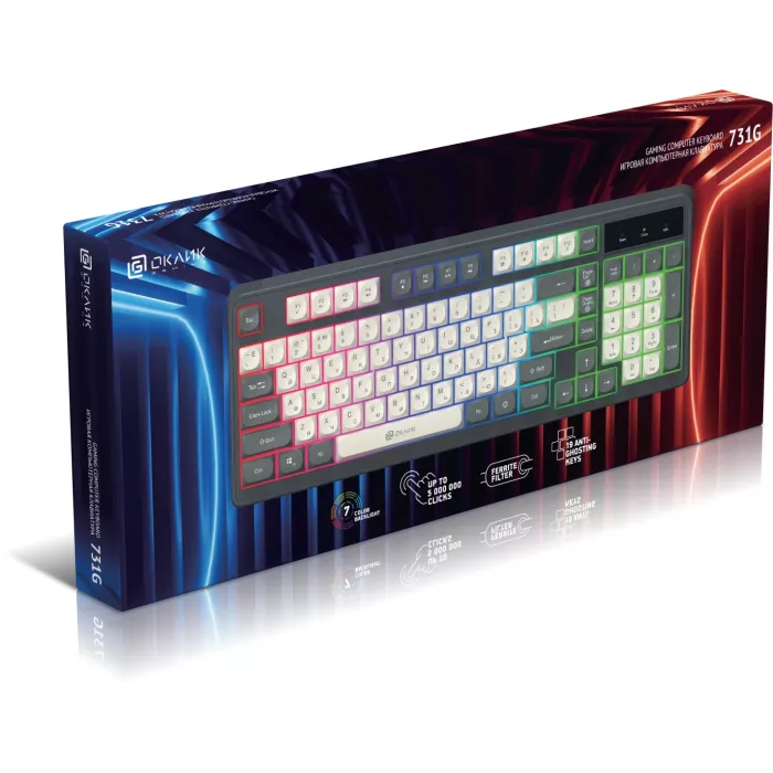 Клавиатура Оклик 731G серый/белый USB Multimedia for gamer LED кабель 1.5м