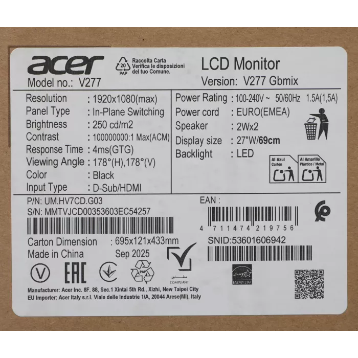 Монитор Acer 27" Vero V277Gbmix черный IPS LED 4ms 16:9 HDMI M/M матовая 250cd 178гр/178гр 1920x1080 120Hz FreeSync VGA FHD 3.64кг
