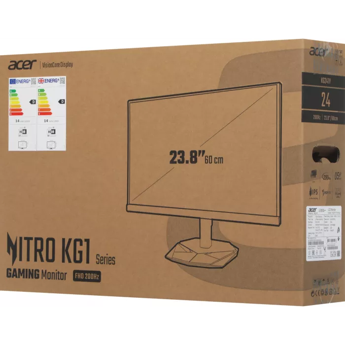 Монитор Acer 23.8" Nitro KG241YX1bmiipx черный IPS LED 0.5ms 16:9 HDMI M/M матовая 250cd 170гр/160гр 1920x1080 200Hz FreeSync Premium DP FHD 3.2кг