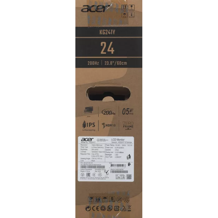 Монитор Acer 23.8" Nitro KG241YX1bmiipx черный IPS LED 0.5ms 16:9 HDMI M/M матовая 250cd 170гр/160гр 1920x1080 200Hz FreeSync Premium DP FHD 3.2кг