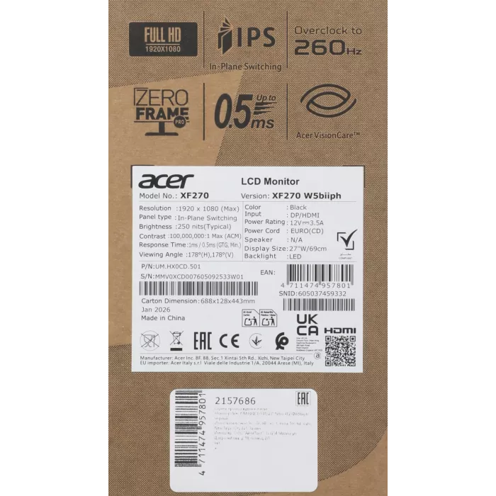 Монитор Acer 27" Nitro XF270W5biiph черный IPS LED 16:9 HDMI матовая HAS Piv 250cd 178гр/178гр 1920x1080 260Hz FreeSync Premium DP FHD 6.16кг