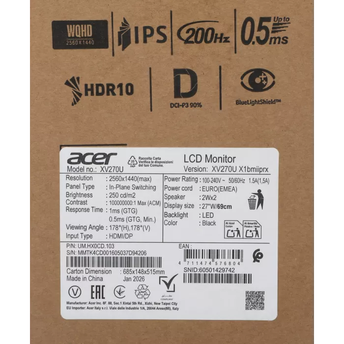 Монитор 27' ACER XV270UX1bmiiprx Black (IPS, 2560x1440, 0,5 / 1ms, 250cd, 200Hz, 2xHDMI(2.0) + 1xDP(1.2) + SPK + Audio Out, Speakers 2Wx2, Internal, sync: FreeSync Premium, hdr: HDR 10, hadj 150, Vesa:100x100, 99% sRGB)