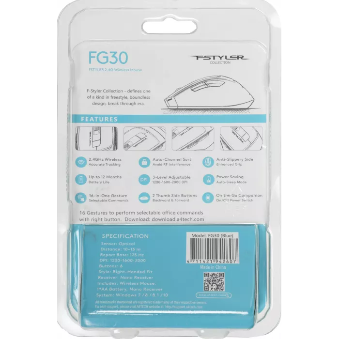Мышь A4Tech Fstyler FG30 серый/синий оптическая 2000dpi беспров. USB 6but (FG30 BLUE)