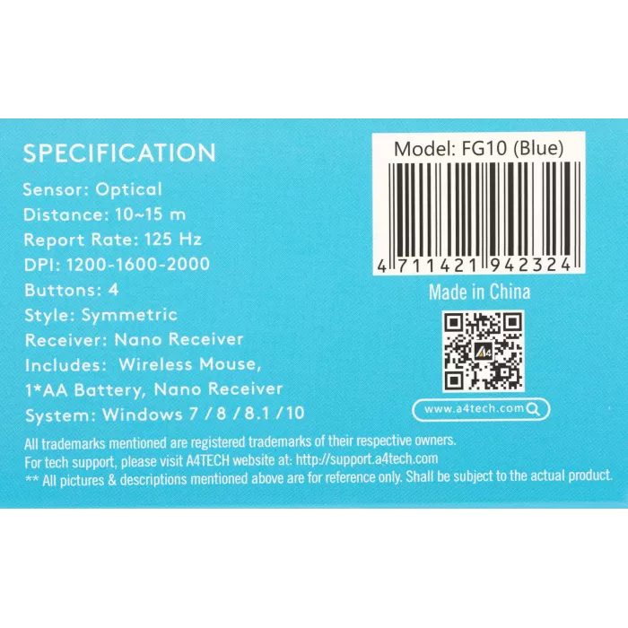 Мышь A4Tech Fstyler FG10 черный/синий оптическая 2000dpi беспров. USB 4but (FG10 BLUE)