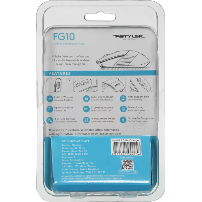 Мышь A4Tech Fstyler FG10 черный/оранжевый оптическая 2000dpi беспров. USB 4but (FG10 ORANGE)