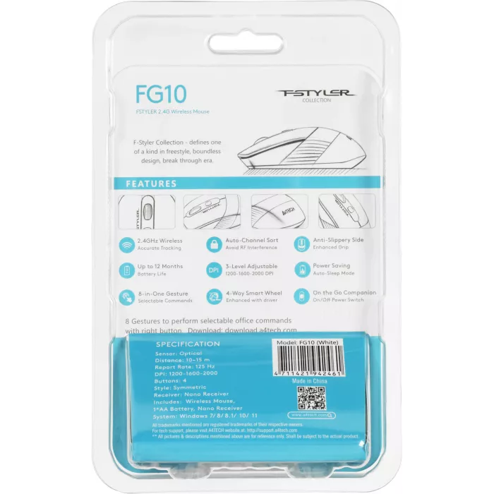 Мышь A4Tech Fstyler FG10 белый/серый оптическая 2000dpi беспров. USB 3but (FG10 WHITE)