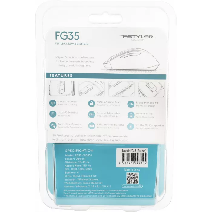 Мышь A4Tech Fstyler FG35 бронзовый/черный оптическая 2000dpi беспров. USB 6but (FG35 BRONZE)