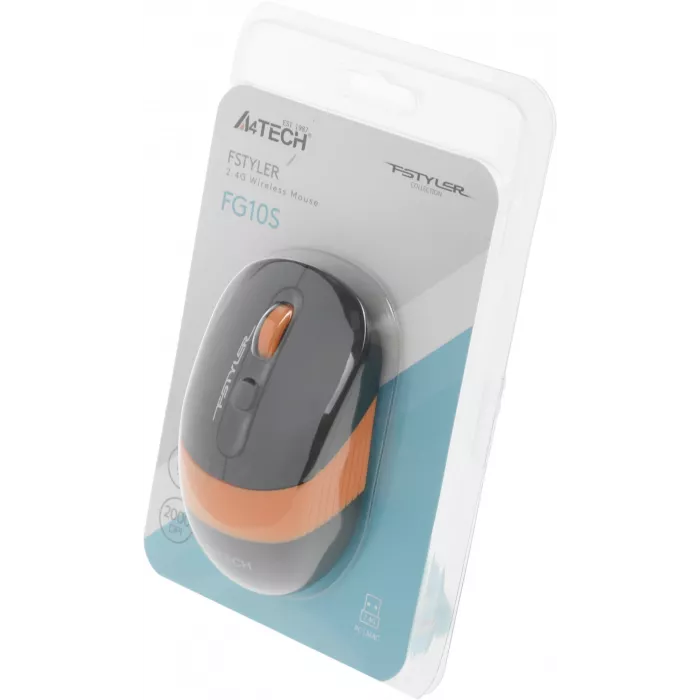 Мышь A4Tech Fstyler FG10S черный/оранжевый оптическая 2000dpi silent беспров. USB для ноутбука 4but (FG10S ORANGE)