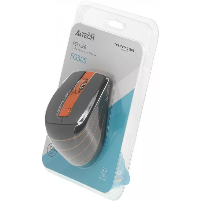 Мышь A4Tech Fstyler FG30S серый/оранжевый оптическая 2000dpi silent беспров. USB 6but (FG30S ORANGE)