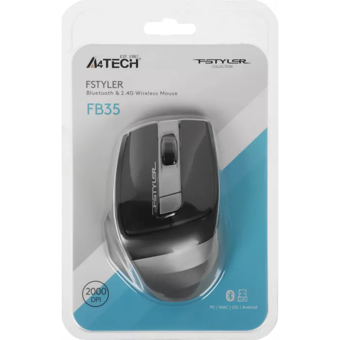 Мышь A4Tech Fstyler FB35 серый оптическая 2000dpi беспров. BT/Radio USB для ноутбука 6but (FB35 SMOKY GREY)