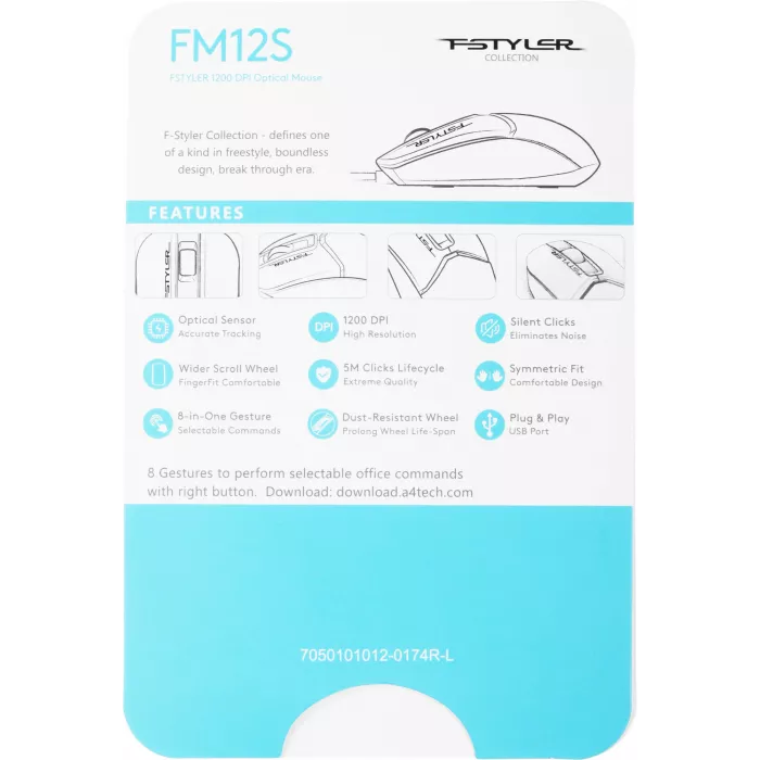 Мышь A4Tech Fstyler FM12S черный оптическая 1200dpi silent USB 3but (FM12S BLACK)
