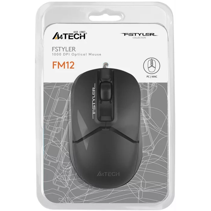 Мышь A4Tech Fstyler FM12S черный оптическая 1200dpi silent USB 3but (FM12S BLACK)