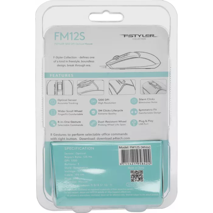Мышь A4Tech Fstyler FM12S белый оптическая 1200dpi silent USB 3but (FM12S WHITE)