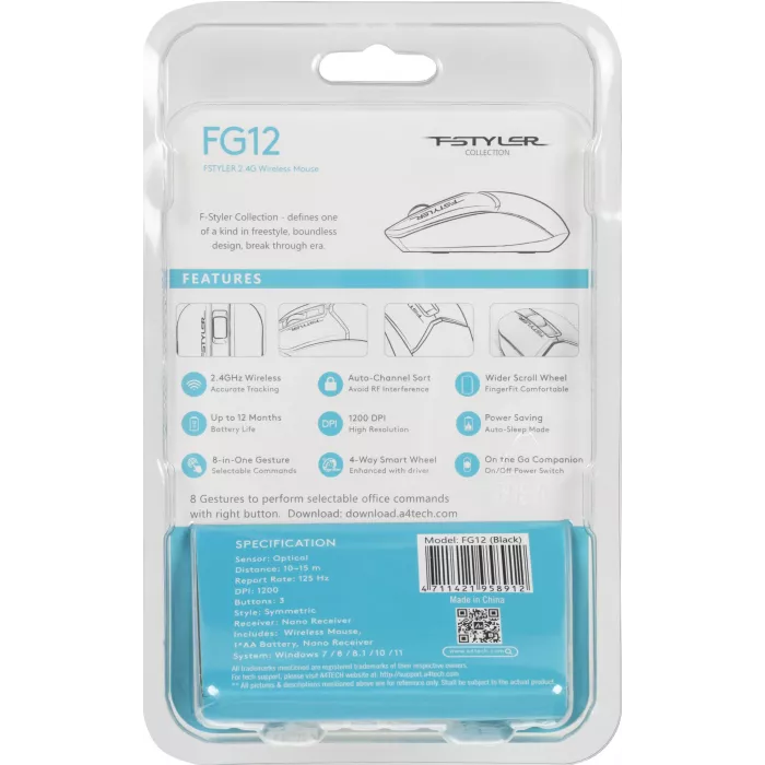 Мышь A4Tech Fstyler FG12 черный оптическая 1200dpi беспров. USB 3but (FG12 BLACK)