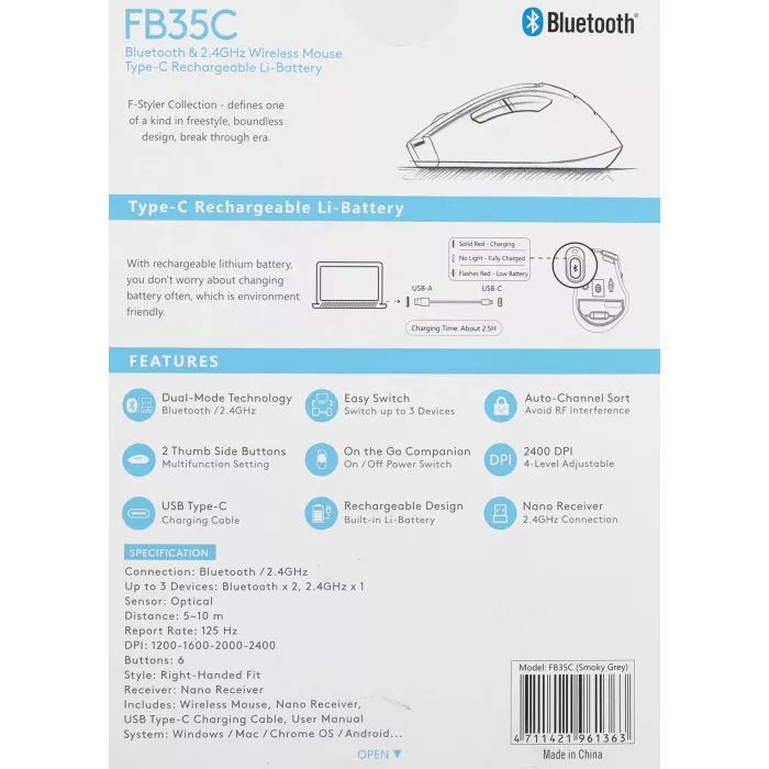 Мышь A4Tech Fstyler FB35C серый/черный оптическая 2000dpi беспров. BT/Radio USB 6but (FB35C SMOKY GREY)