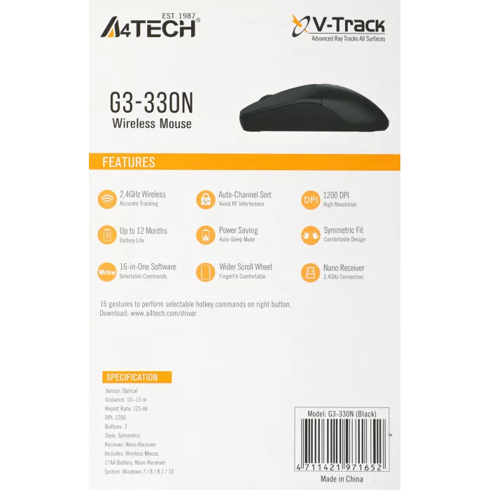 Мышь A4Tech G3-330N черный оптическая 1200dpi беспров. USB 3but
