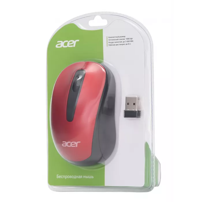 Мышь Acer OMR136 красный оптическая 1000dpi беспров. USB для ноутбука 3but (ZL.MCEEE.01J)