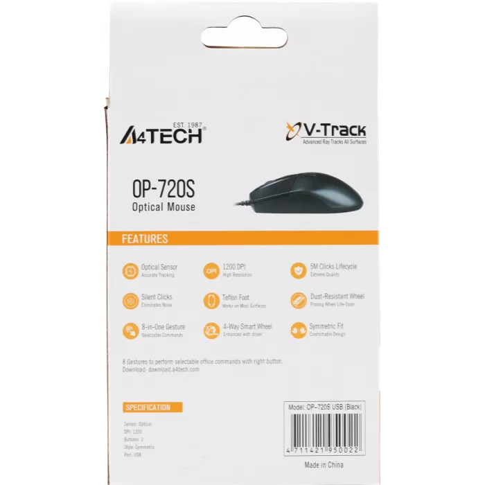 Мышь A4Tech OP-720S черный оптическая 1200dpi silent USB 2but