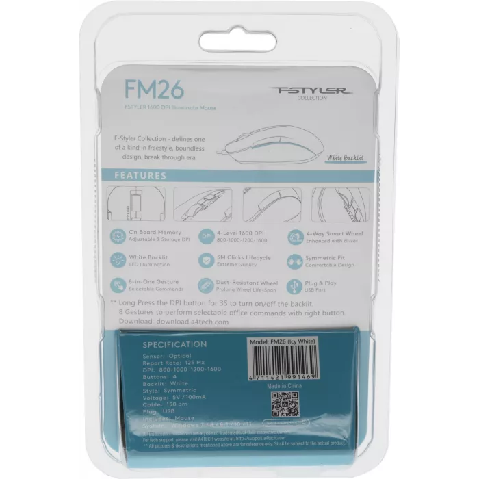 Мышь A4Tech Fstyler FM26 серебристый/белый оптическая 1600dpi USB для ноутбука 4but (FM26 USB (ICY WHITE))