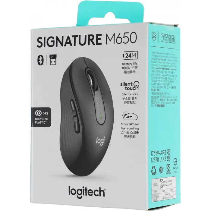 Мышь Logitech M650 графитовый оптическая 4000dpi беспров. BT/Radio USB 4but (910-006259)