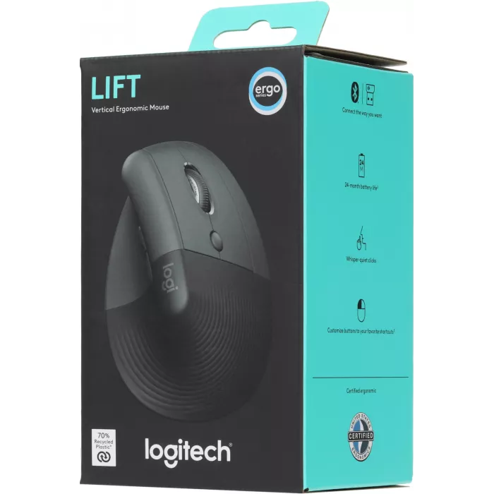 Мышь Logitech Lift графитовый оптическая 4000dpi silent беспров. BT/Radio USB для ноутбука 5but (910-006479)