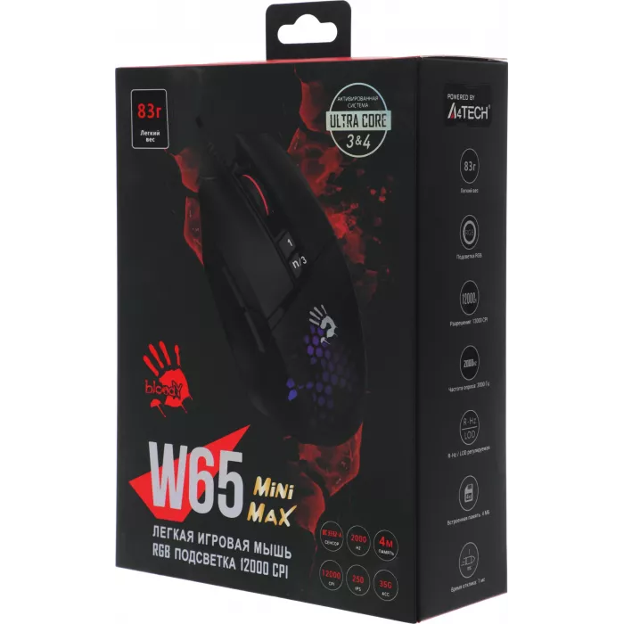 Мышь A4Tech Bloody W65 Max Mini черный оптическая 12000dpi USB 9but (W65 MAX MINI HONEYCOMB)
