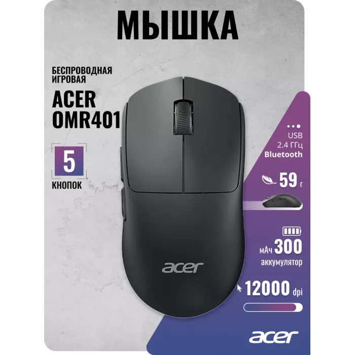 Мышь Acer OMR401 черный оптическая 12000dpi беспров. BT/Radio USB 5but (ZL.MCECC.05C)