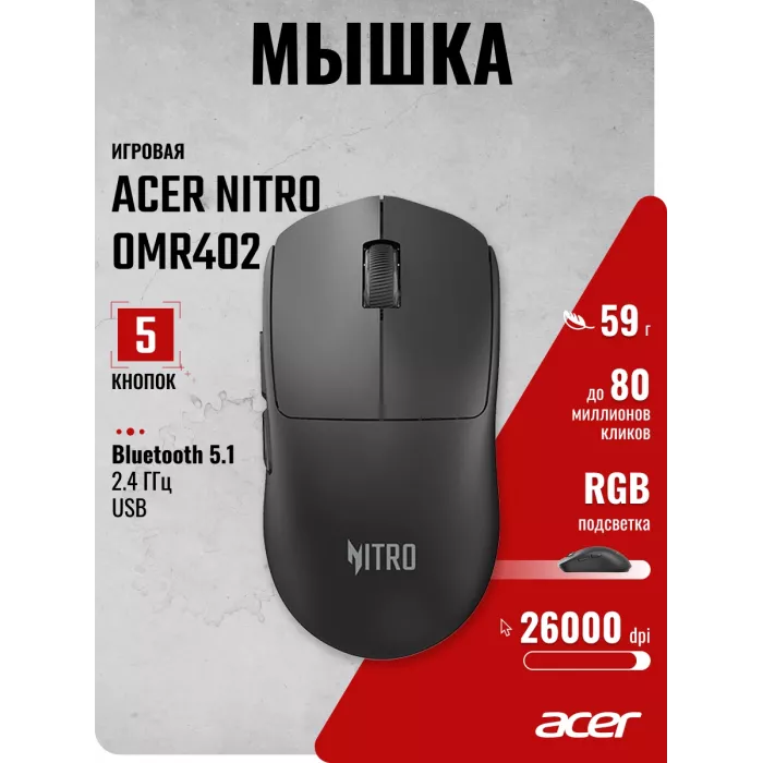 Мышь Acer Nitro OMR402 черный оптическая 26000dpi беспров. BT/Radio USB 5but (ZL.MCECC.05E)