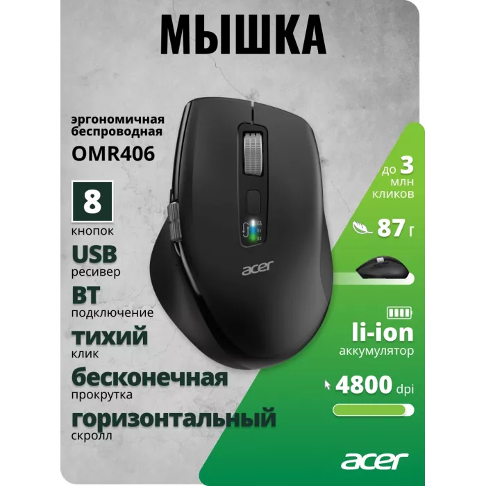 Мышь Acer OMR406 черный оптическая 4800dpi беспров. BT/Radio USB 8but (ZL.MCEEE.02W)