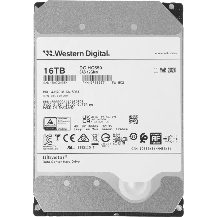 Жесткий диск WD SAS 3.0 16TB 0F38357 WUH721816AL5204 Ultrastar DC HC550 4KN (7200rpm) 512Mb 3.5"
