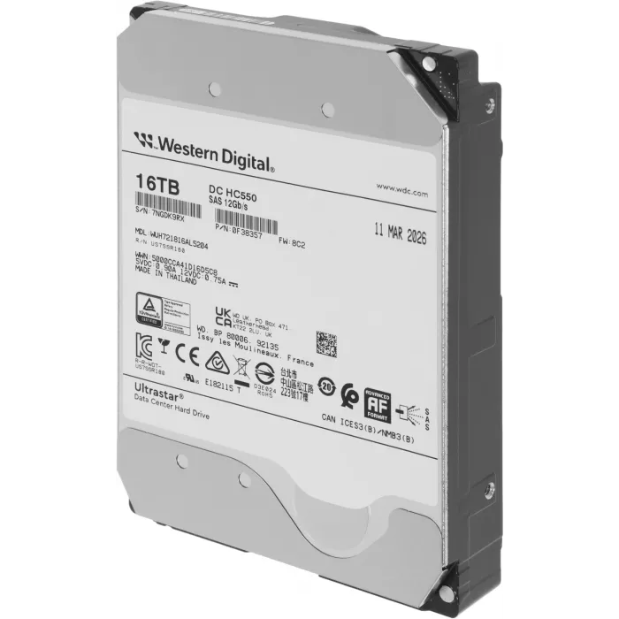 Жесткий диск WD SAS 3.0 16TB 0F38357 WUH721816AL5204 Ultrastar DC HC550 4KN (7200rpm) 512Mb 3.5"