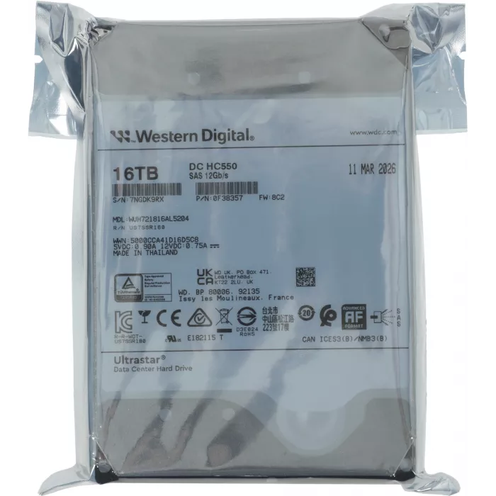 Жесткий диск WD SAS 3.0 16TB 0F38357 WUH721816AL5204 Ultrastar DC HC550 4KN (7200rpm) 512Mb 3.5"