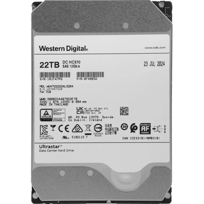 Жесткий диск WD SAS 3.0 22TB 0F48052 WUH722222AL5204 Server Ultrastar DC HC570 512E (7200rpm) 512Mb 3.5"
