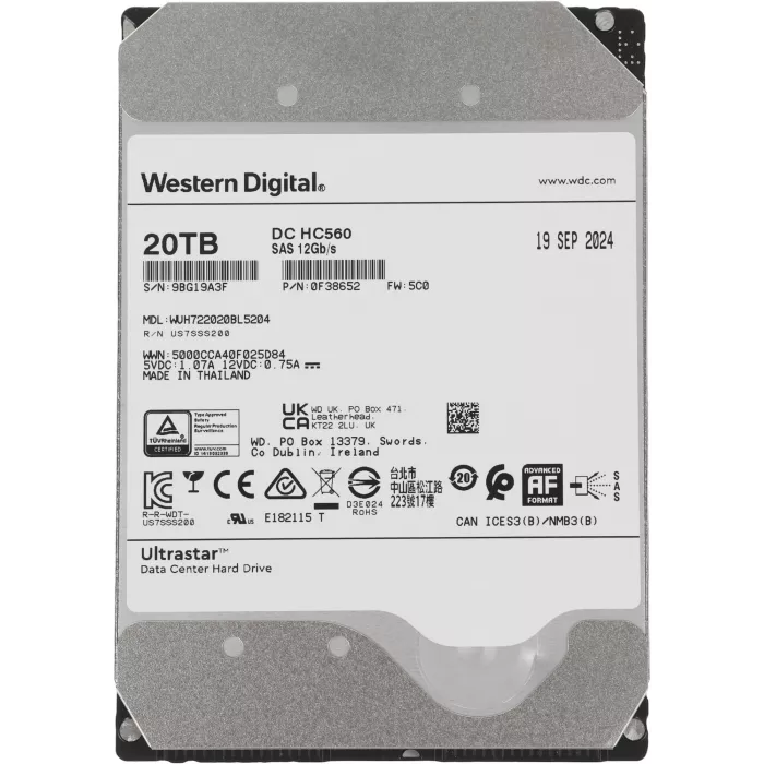 Жесткий диск WD SAS 3.0 20TB 0F38652 WUH722020BL5204 Server Ultrastar DC HC560 512E (7200rpm) 512Mb 3.5"