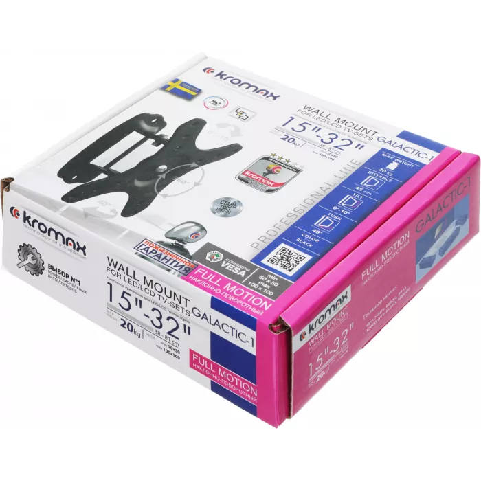 Кронштейн для телевизора Kromax GALACTIC-1 new черный 15"-32" макс.20кг настенный поворот и наклон