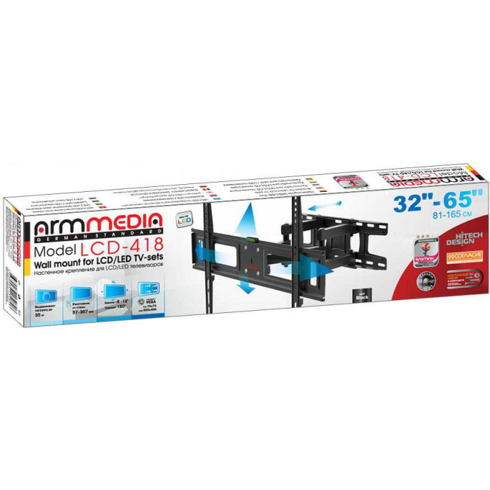 Кронштейн для телевизора Arm Media LCD-418 черный 32"-65" макс.35кг настенный поворотно-выдвижной и наклонный