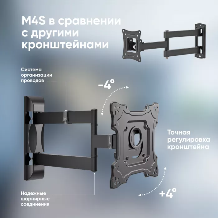 Кронштейн для телевизора Onkron M4S черный 17"-43" макс.35кг настенный поворот и наклон