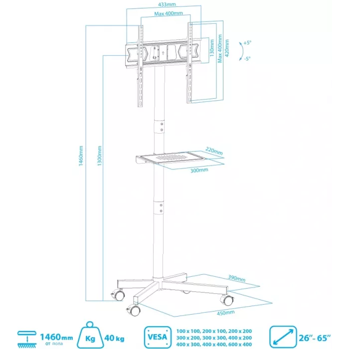Стойка для телевизора Kromax OMEGA-18 черный 26"-65" макс.40кг напольный мобильный