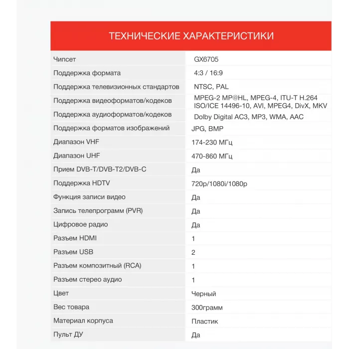 Ресивер DVB-T2 Starwind CT-140 черный
