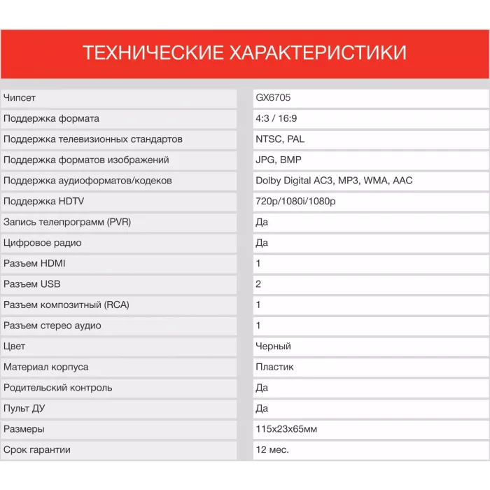 Ресивер DVB-T2 Starwind CT-220 черный