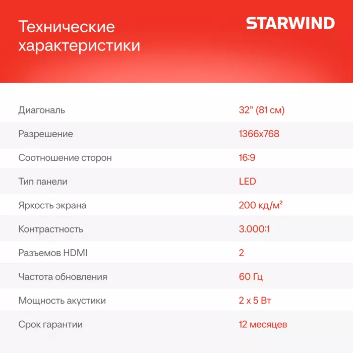 Телевизор LED Starwind 32" SW-LED32BG200 Frameless черный/черный HD 60Hz DVB-T DVB-T2 DVB-C DVB-S DVB-S2 USB