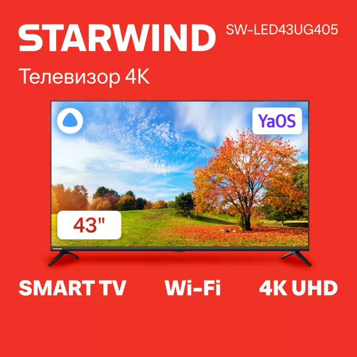 Телевизор LED Starwind 43" SW-LED43UG405 Яндекс.ТВ Frameless черный 4K Ultra HD 60Hz DVB-T DVB-T2 DVB-C DVB-S DVB-S2 USB WiFi Smart TV