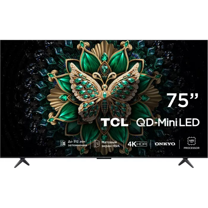 Телевизор LED TCL 75" 75C6K QD-Mini LED черный 4K Ultra HD 144Hz MEMC DVB-T DVB-T2 DVB-C DVB-S DVB-S2 USB WiFi Smart TV