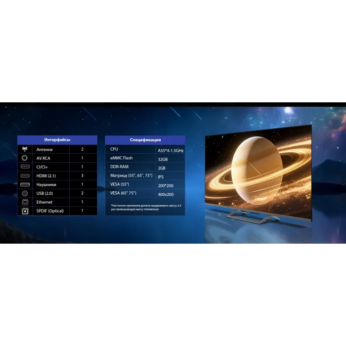 Телевизор QLED Skyworth 75" 75X66H Nexo Mini-LED черный/серый 4K Ultra HD 120Hz MEMC DVB-T DVB-T2 DVB-C DVB-S DVB-S2 USB WiFi Smart TV